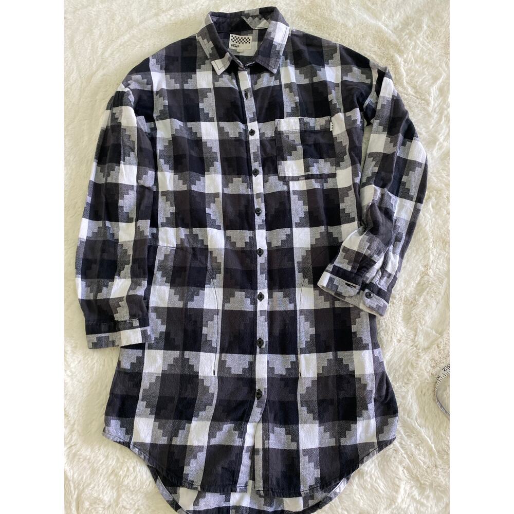 Vans Womens Small Black White Geometric Plaid Flannel Button Shirt Tunic Dress - Picture 1 of 9